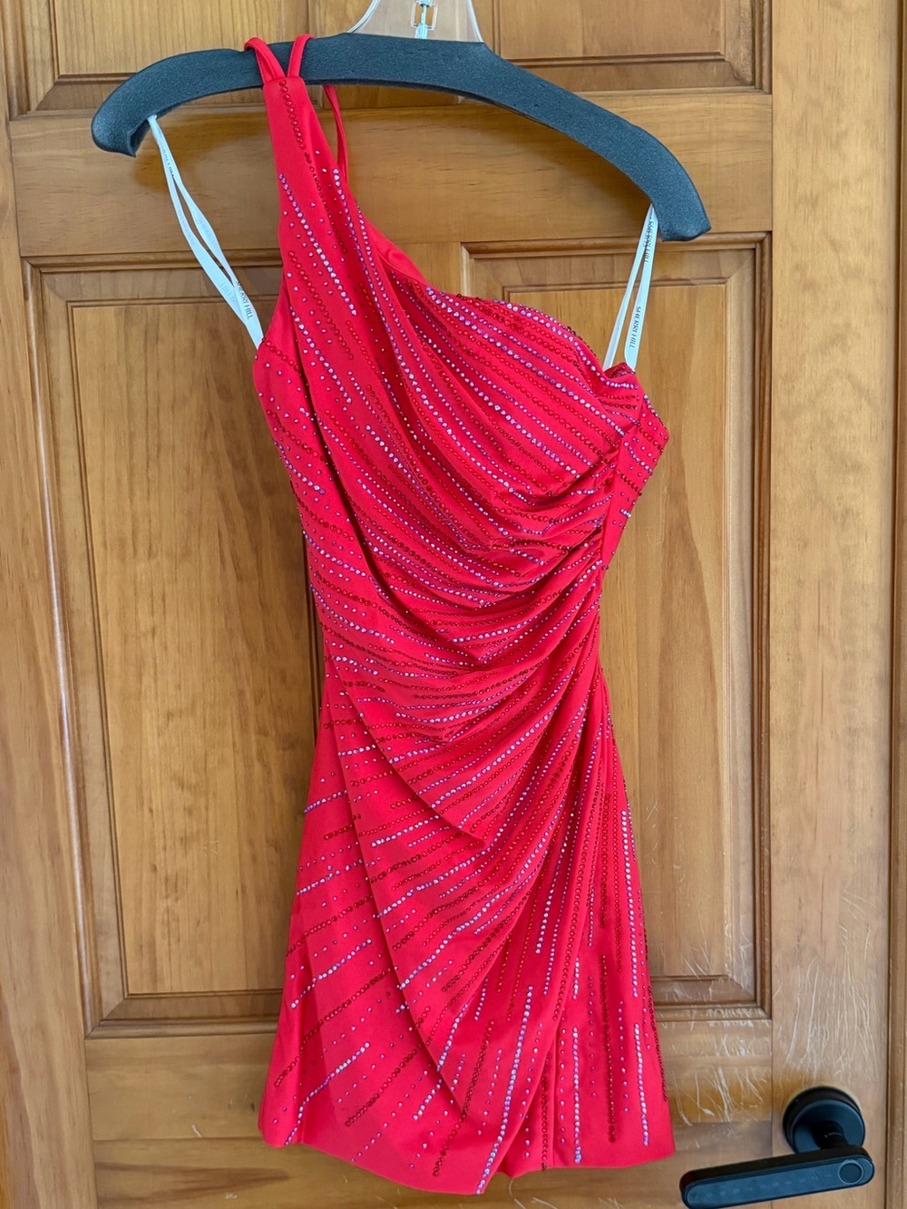 Sherri Hill Red One-Shoulder Ruched Mini Dress with Rhinestone Stripes